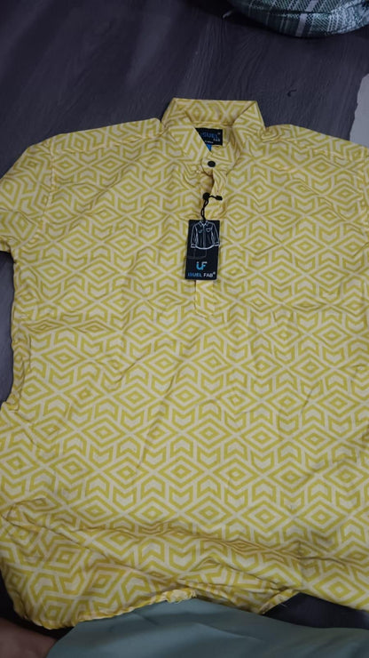 Men's Printed Spread Collar Casual Shirt Yellow c5fu54-ny
