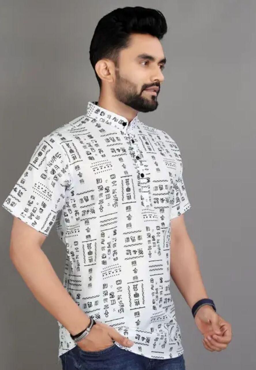 Men's Printed Half Sleeves Spread Collar Casual Shirt White & Black c5fu54-ny