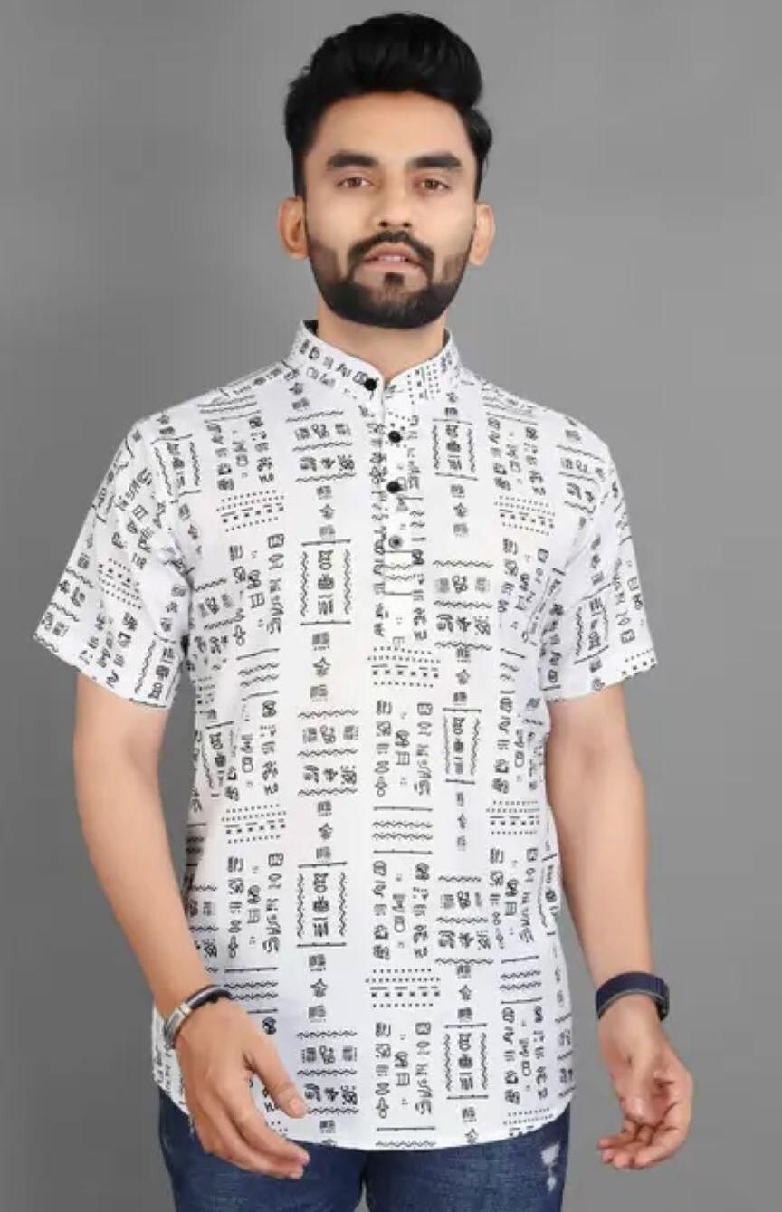 Men's Printed Half Sleeves Spread Collar Casual Shirt White & Black c5fu54-ny