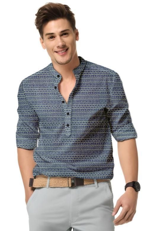 Men's Printed Spread Collar Casual Shirt Navy Blue c5fu54-ny