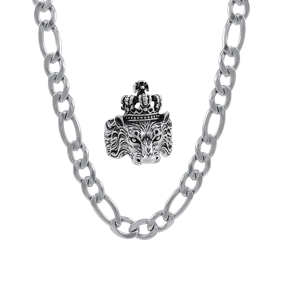 Silver plated chain with silver plated KGF LION shape adjustable ring combo set Rhodium Plated Stainless Steel Chain c5fu54-ny