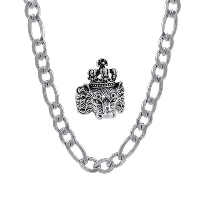 Silver plated chain with silver plated KGF LION shape adjustable ring combo set Rhodium Plated Stainless Steel Chain c5fu54-ny