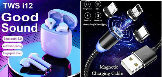 1 Pices of i12 TWS & 1 pices of 3 in 1 Magnet Cable (Combo) c5fu54-ny