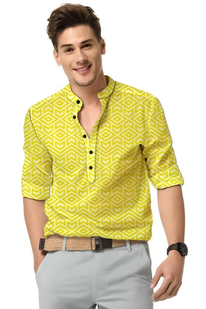 Men's Printed Spread Collar Casual Shirt Yellow c5fu54-ny