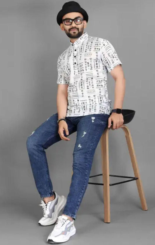 Men's Printed Half Sleeves Spread Collar Casual Shirt White & Black c5fu54-ny