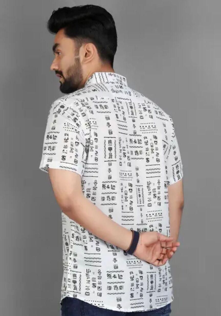Men's Printed Half Sleeves Spread Collar Casual Shirt White & Black c5fu54-ny