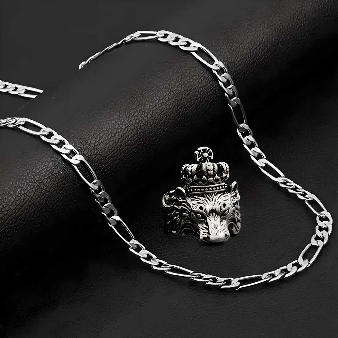 Silver plated chain with silver plated KGF LION shape adjustable ring combo set Rhodium Plated Stainless Steel Chain c5fu54-ny