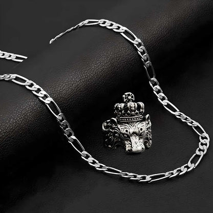 Silver plated chain with silver plated KGF LION shape adjustable ring combo set Rhodium Plated Stainless Steel Chain c5fu54-ny